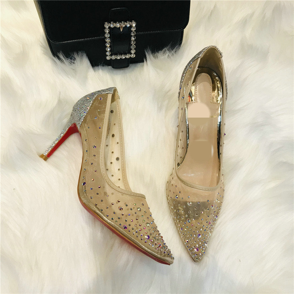 Women's Mesh Rhinestone High Heels - Pointed Toe Transparent Shoes - Loafer Lane