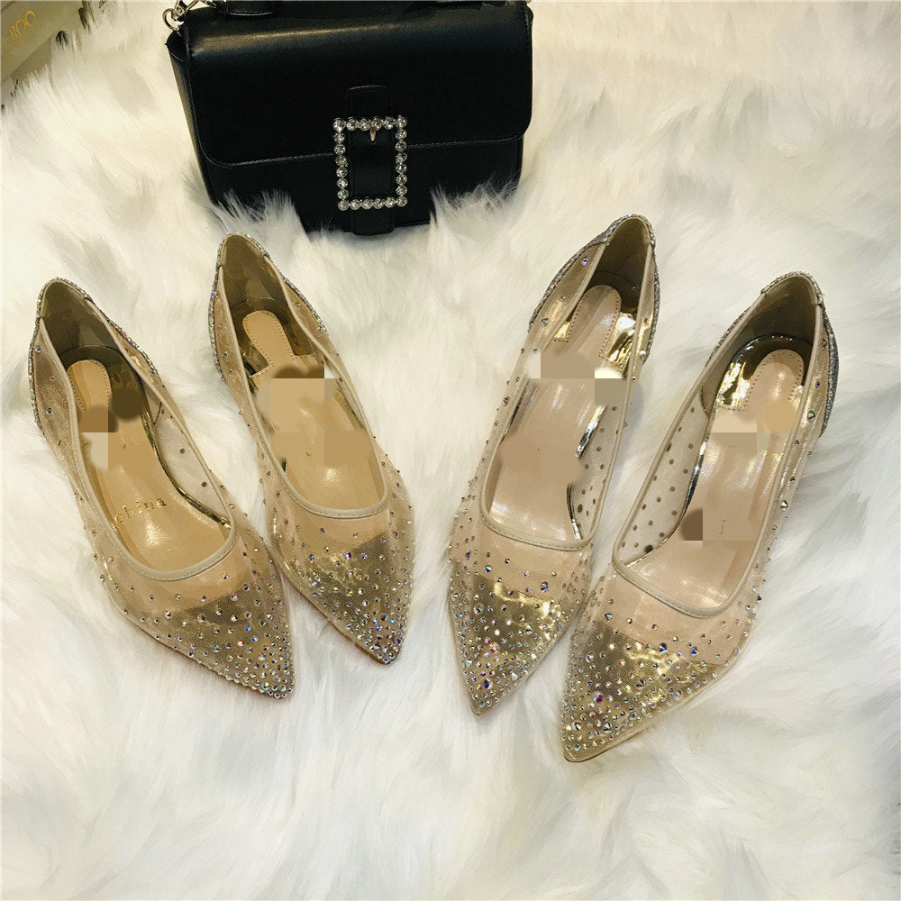 Women's Mesh Rhinestone High Heels - Pointed Toe Transparent Shoes - Loafer Lane