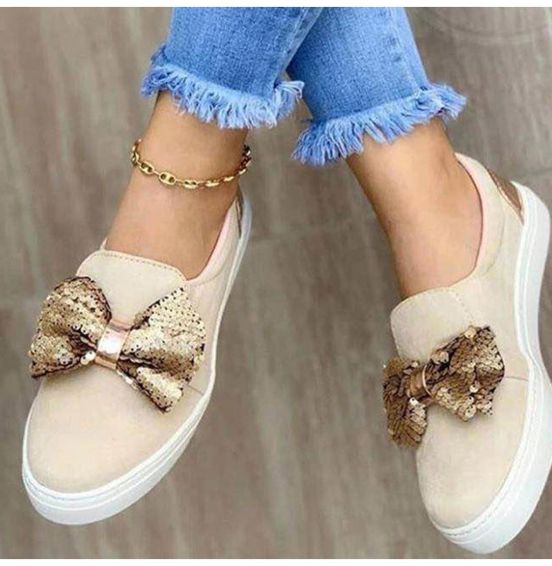 Thick-Soled Sponge Cake Loafers with Sequin Bow - Women's Fashion Shoes - Loafer Lane