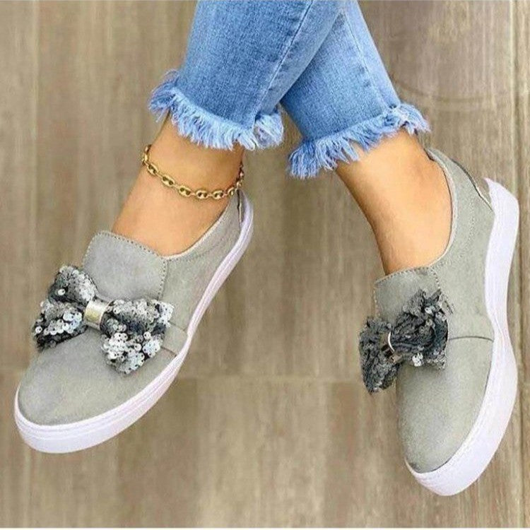 Thick-Soled Sponge Cake Loafers with Sequin Bow - Women's Fashion Shoes - Loafer Lane