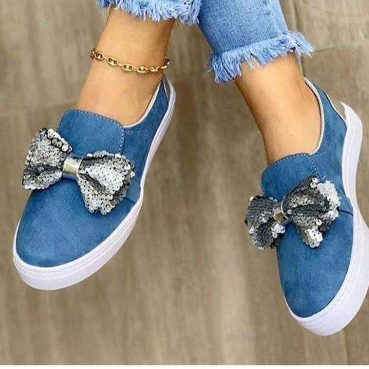 Thick-Soled Sponge Cake Loafers with Sequin Bow - Women's Fashion Shoes - Loafer Lane