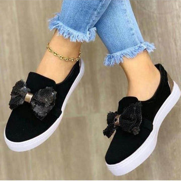 Thick-Soled Sponge Cake Loafers with Sequin Bow - Women's Fashion Shoes - Loafer Lane